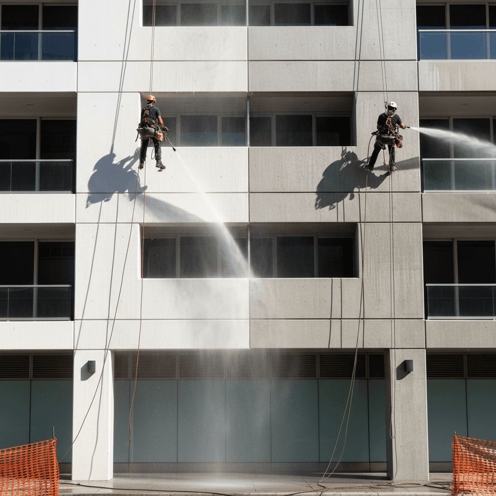 Commercial building exterior during cleaning process