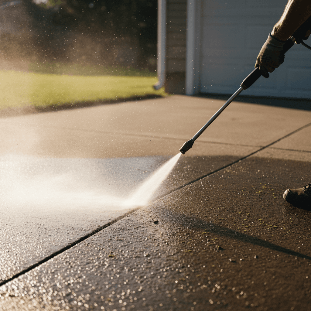 Power washing driveway with professional equipment