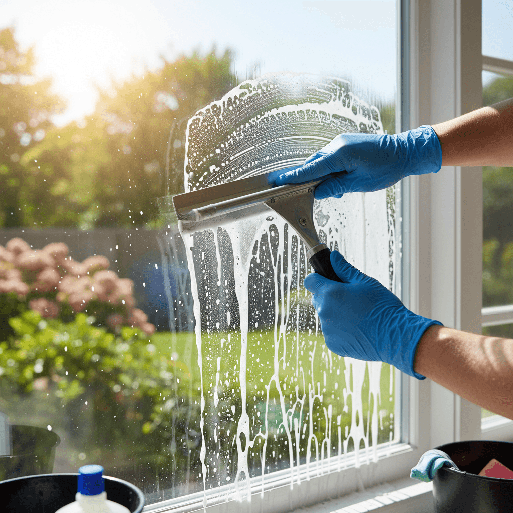 Professional window cleaning with squeegee technique