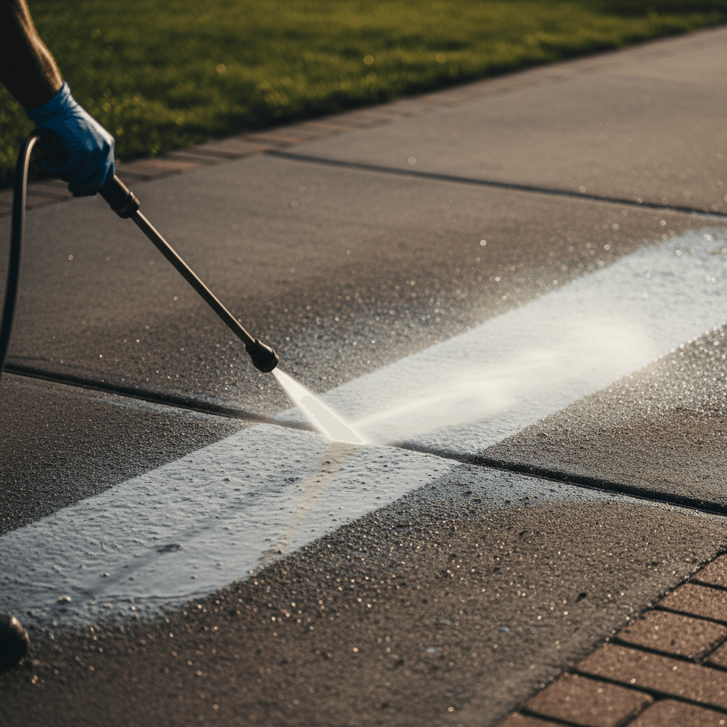 Power washing driveway with pressure washer