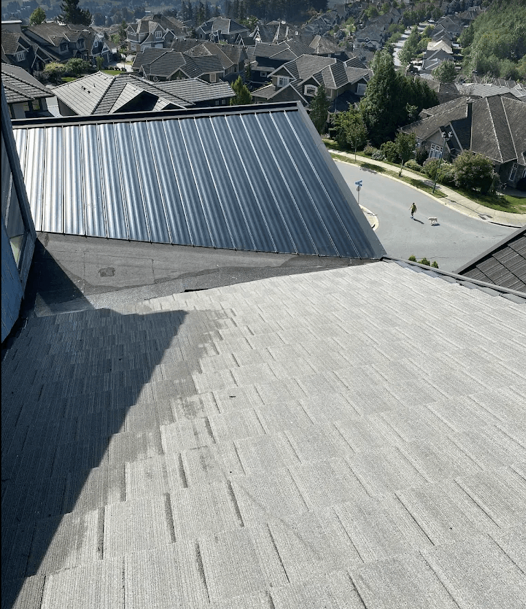 Gray shingled roof overlooking a metal roof and a suburban street with houses and trees.